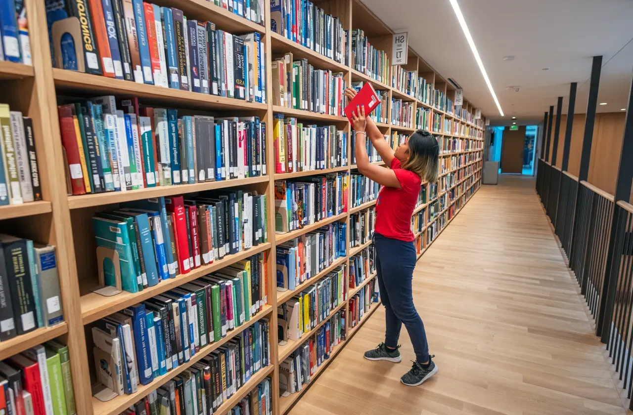 A student grabbing a book off a shelf in the library.